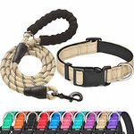 Ladoogo Reflective Dog Collar Padded with Soft Neoprene Breathable Adjustable Nylon Dog Collars for Small Medium Large Dogs (Collar+Leash L Neck 19"-23.5", Vanilla)
