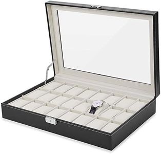 JS NOVA JUNS 24 Watch Box Mens Large Watch Case Lockable Jewelry Display Organizer with Acrylic Lid Black Faux Leather