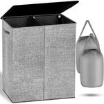 NUCAZA Double Laundry Basket with Lid & Removable Laundry Bags, 2 Compartments Washing Basket for Light & Dark Clothes, 145L Large Laundry Hamper, Collapsible Laundry Bin Storage Basket Grey