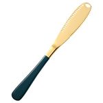 TOMATUS 1 Pcs Butter Knife, 3 in 1 Stainless Steel Spreader Serrated Edge Shredding Slots Easy to Hold for Bread Butter Cheese Jam Slicer (Gold-Green)