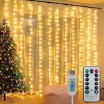 300 LED Curtain Lights, Fairy Lights for Bedroom, String Lights 8 Modes with Remote Control, Dimmable USB Powered Hanging Bedroom Decor Lights for Indoor Room Party Wedding Warm White (9.8x9.8 Ft)