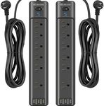 Power Bar 2-Pack, Surge Protector Power Strip with 6 AC Outlets & 3 USB Ports, 5ft Extension Cord, 1875W/15A Multiplug 1080 Joules for Home Office - Black