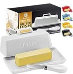 Ceramic Butter Dish Set with Lid and Knife - Decorative Butter Stick Holder with Handle for 1 Stick of Butter - Microwave Safe, Dishwasher Safe - Anti-Scratch Stickers Included