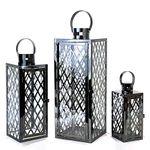 Allgala 3-PC Lantern Set 23 Inch Jumbo Deluxe Modern Indoor/Outdoor Candle Lantern Set Black Stainless Steel Rectangular Frame with Lattice Grid Tempered Glass for Garden Poolside Fireplace Wedding