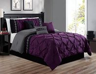 Grand Linen 7 Pieces King Size Dark Purple/Grey/Black Double-Needle Stitch Pinch Pleat All-Season Bedding-Down Alternative Embroidered Comforter Set