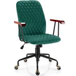 COSTWAY Ergonomic Home Office Chair, Upholstered Velvet Leisure Office Chair with Rubber Wood Armrests & 5-Claw Metal Base, Vintage Mid-Back Computer Desk Chair for Home, Office, Study (Green)