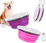 Pawaboo Collapsible Dog Bowls 2 Pack, Silicone Feeding Watering Bowls with Lids & Carabiners for Dogs Cats, Portable Water Feeder Food Bowl for Walking Traveling Home Use, 1000ml, Pink + Purple