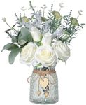 Floralsecret Faux Flowers with Vase Artificial White Rose Flowers in Vase Fake Eucalyptus Plant Floral Arrangement for Table Centerpieces, Home Kitchen Office Coffee Shop Decorations