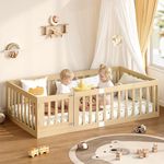 EXPERLAM Toddler Floor Bed with Slats and High Fence, Twin Size Montessori Floor Beds with Door, Easy Assemble Montessori Beds for Kids, Wooden, Natural
