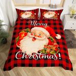 Santa Claus Bedding Set,Black and Red Square Duvet Cover for Kids Teen Boys Girls,Xmas Theme Comforter Cover Decorative Room,Geometry Grid Quilt Cover with 2 Pillowcases,King Size