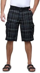 RAW X Mens Belted Cargo Shorts, Relaxed Fit Casual Knee Length Cargo Shorts for Men, Plaid Charcoal, 50