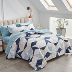 Flysheep Bed in a Bag 7 Pieces Queen Size, Navy Blue Triangles Geometric Pattern Printed Microfiber Comforter Sheet Set (1 Comforter, 1 Flat Sheet, 1 Fitted Sheet, 2 Pillow Shams, 2 Pillowcases)