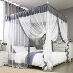 JQWUPUP Elegant Bed Canopy Curtains, Color Stitching Ruffle 4 Corner Post Mosquito Net, Bed Canopy for Girls Toddlers Crib Adult Kids, Bedding Décor (King, Grey)