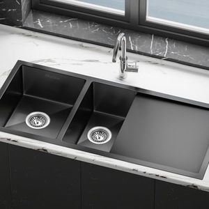 ALFORDSON Kitchen Sink Double Bowls with Waste Strainers & Drainboard, 1000 x 450 x 205mm, 304 Stainless Steel Water Basin Sinks with 3mm Thick Edge & Nano Coating in Black