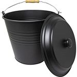 12 Litre Black Metal Ash Bucket - Wooden Handle Fireplace Container Coal Storage, Wooden Handle & Lid Handle | Log Holder | Living Room, Fireplace, Fire Pit Wood Burning Stove Bin, Includes Lid