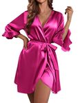 Ekouaer Women's Satin Robe Valentines Lingerie for Women Kimono Bathrobe Short Ruffle Belted Robes Bridesmaids Sleepwear, Hot Pink, Small