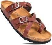 AEROTHOTIC Womens Strappy Slip-On Modern Memory Foam Cushion Footbed Outdoor Adjustable Buckle Cork Footbed Slides for Sandals with Comfortable Arch Support (Irenic Tan, Size 10)