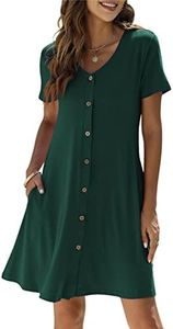 Manydress Women's Summer Casual T Shirt Dresses Short Sleeve Button Down Swing Dress with Pockets MY035, Dark Green, Large