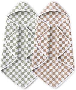 Yoofoss Hooded Baby Towels for Newborn 2 Pack 100% Muslin Organic Cotton Baby Bath Towel with Hood for Babies, Infant, Toddler and Kids, 32x32Inch, Soft and Absorbent, Green Brown Checkered