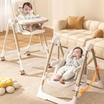 R for Rabbit Marshmallow Smart 3-in-1 High Chair with Swing for Baby, Adjustable Height, Dual Tray, Reclinable Backrest & Footrest Feeding Chair for 0.6-5 Years Kids |(Abstract Beige)