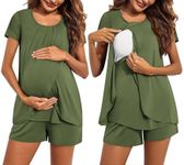 Ekouaer Women's Maternity Nursing Pajamas Set Breastfeeding Sleepwear Double Layer Short Sleeve Top & Shorts Nursing Pjs Army Green S