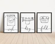 Set of 3 Laundry Room Prints, Wash Dry Fold Wall Art Prints, Unframed Washing Artwork, Utility Room Décor - A5 A4 A3 Black And White Line Wall Art