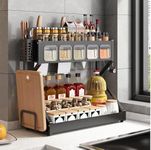 Earwig Spice Rack 2 Tier Metal Spice Rack for Counter Spice Storage with Tool Holder, Chopping Board Holder Cabinet,5 Spice storage box,3 Hook,Cutlery Holder,Knife stand,Chopping Board Holder(EW-07)