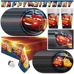 Disney Cars Movie Theme Birthday Party Supplies Set - Serves 16 - Banner Decoration, Table Cover, Dinner and Cake Plates, Cups, Napkins, Button