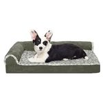 Furhaven Medium Orthopedic Dog Bed Two-Tone Faux Fur & Suede L Shaped Chaise w/Removable Washable Cover - Dark Sage, Medium