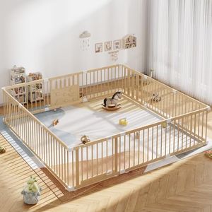 Extra Large Wooden Baby Playpen, 96"×96" Large Playpen for Babies and Toddlers, Indoor Play Pen for Kids Activity Center, Portable Natural Wood Fence, Expandable, Suction Cups, 12 Panels