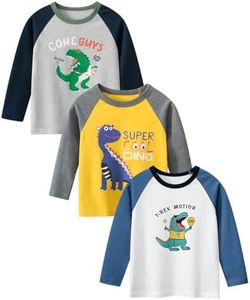 Toddler Boys 3 Pack Long Sleeve Cotton Shirts Kids Dinosaur Raglan Fall T-Shirts Sweatshirt Tee Sets, White+ Yellow+ Grey,1T-2T