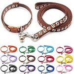 Doggie Style Store Small Dog Puppy Pet Cat Kitten Collar and Lead Set Pawprint Design Nylon with Bell Adjustable Quick Release Clip Leash Brown