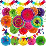 Recosis Fiesta Party Decorations, Multicoloured Paper Fans Pompoms Paper Balloon Garlands Hanging Swirls Decorations for Fiesta Gifts Mexican Cinco De Mayo Taco Birthday Party Supplies