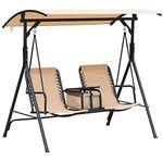 Outsunny 2 Person Covered Porch Swing Patio Swing with Pivot Storage Table, Cup Holder, & Adjustable Overhead Canopy, Beige