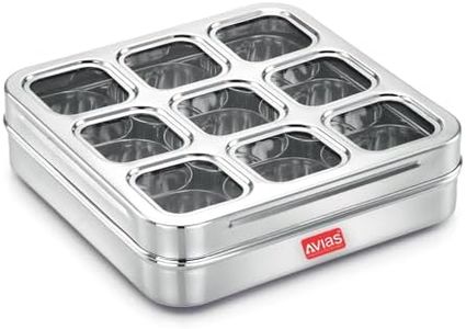 AVIAS 9 Square Stainless Steel Spice Box, Organiser with 9 Compartment, Popula Dabba, Square Masala Dani for Kitchen, Rust Resistant See-Through Lid with Unbreakable Acrylic Sheet, Design, Large