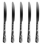 KitchAntique 9.1" Charcoal Black Dinner Knives with Floral Printed Handle | 5-Piece Premium Stainless Steel Flatware Set of Steak Knives | Elegant Cutlery for Home, Restaurants, and Gifting