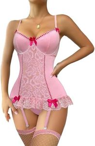 Lilosy Sexy Bows Lace Babydoll Lingerie Set with Panty, Pink, Medium
