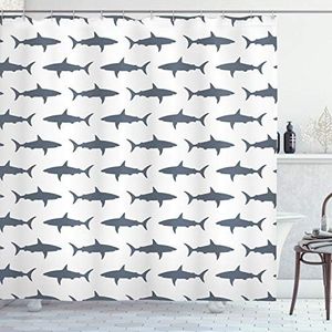 Ambesonne Shark Shower Curtain for Nautical Bathroom Decor Swimming Marine Animals Horizontal Silhouettes of Powerful Dangerous Wild Ocean Life Fabric Set with Hooks 69" W x 70" L Dark Blue Grey White