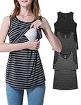 Sosolism Women's Nursing Tank for Breastfeeding, Pack of 3, Black/Grey/Striped, M