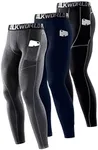 SILKWORLD Men's Compression Pants Pockets Cool Dry Gym Leggings Baselayer Running Tights (Large, Pack of 3: Dark Navy Blue+Black(Grey Stripe)+Hemp Gray)