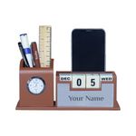 Giftana Personalized Pen Stand with Name,Table Watch,Table Calendar,Customized Desk Organizer With Wooden, Pen Stand for Doctors,Office Desk & Study, Diwali Gifts for Corporate Employee (Tan, Silver)