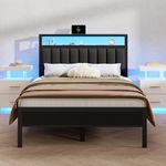 Furnulem Full Size Bed Frame with Charging Station and LED Lights, Platform Bed with Metal Slats, Grey Upholstered Headboard with 2-Tier Storage Shelves, No Box Spring Needed