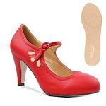 Chase & Chloe Kimmy-21 Women's Round Toe Pierced Mid Heel Mary Jane Style Dress Pumps, Red Pu Comfort, 7 UK