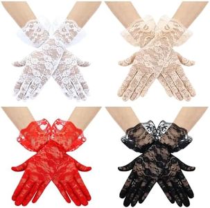 inSowni 4 Pairs Short Floral Lace Wedding Gloves White Black Red Champagne Opera Evening Tea Party Cosplay Costume Prom Gloves Accessories for Brides Girls Women