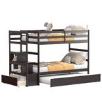 KOMFOTT Twin Over Twin Bunk Bed with Trundle & Staircase, Wooden Bunk Bed Frame with Storage Shelves & Drawer, Trundle Bunk Bed Frame with Guardrails, No Spring Box Required (Espresso)