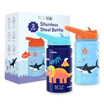 BOZ Kids Insulated Water Bottle with Straw Lid - Two-Pack Shark/Dinosaur Stainless Steel Vacuum Double Wall Toddler Water Bottle, 14 oz (414ml) Scratch-Resistant and Dishwasher-Safe Kids Water Bottle