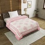 BLOCKS OF INDIA Cotton Single Size Quilt Hand Block Print For Light Winters (60X90 Inches) (Pink Motifs), Breathable, 300 TC