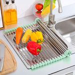 DONDA Large Roll-up Dish Drying Rack Over Kitchen Sink | Stainless Steel, Foldable Organizer | Dish, Utensils Drainer, Dryer Mat for Fruits & Vegetables | Kitchen Organizer (465 x 460 mm)