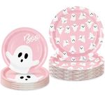 JarThenaAMCS 48Pcs Halloween Paper Plates Pink Ghost Disposable Plates 7 Inch & 9 Inch Decorative Dinner Plates for Trick or Treat Birthday Party Supplies