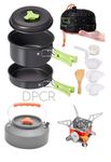 DPCR 8 Pcs Camping Cooking Set with Portable Gas Stove with Portable Kettle 0.8L,Camping Accessories for Outdoor，Camping Utensils with Carry Bag(Cooking Set + Gas Stove + Portable Kettle)